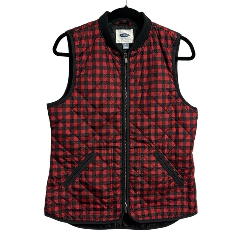 Old Navy Womens Quilted Puffer Vest Red Black Buffalo Plaid Check Medium
